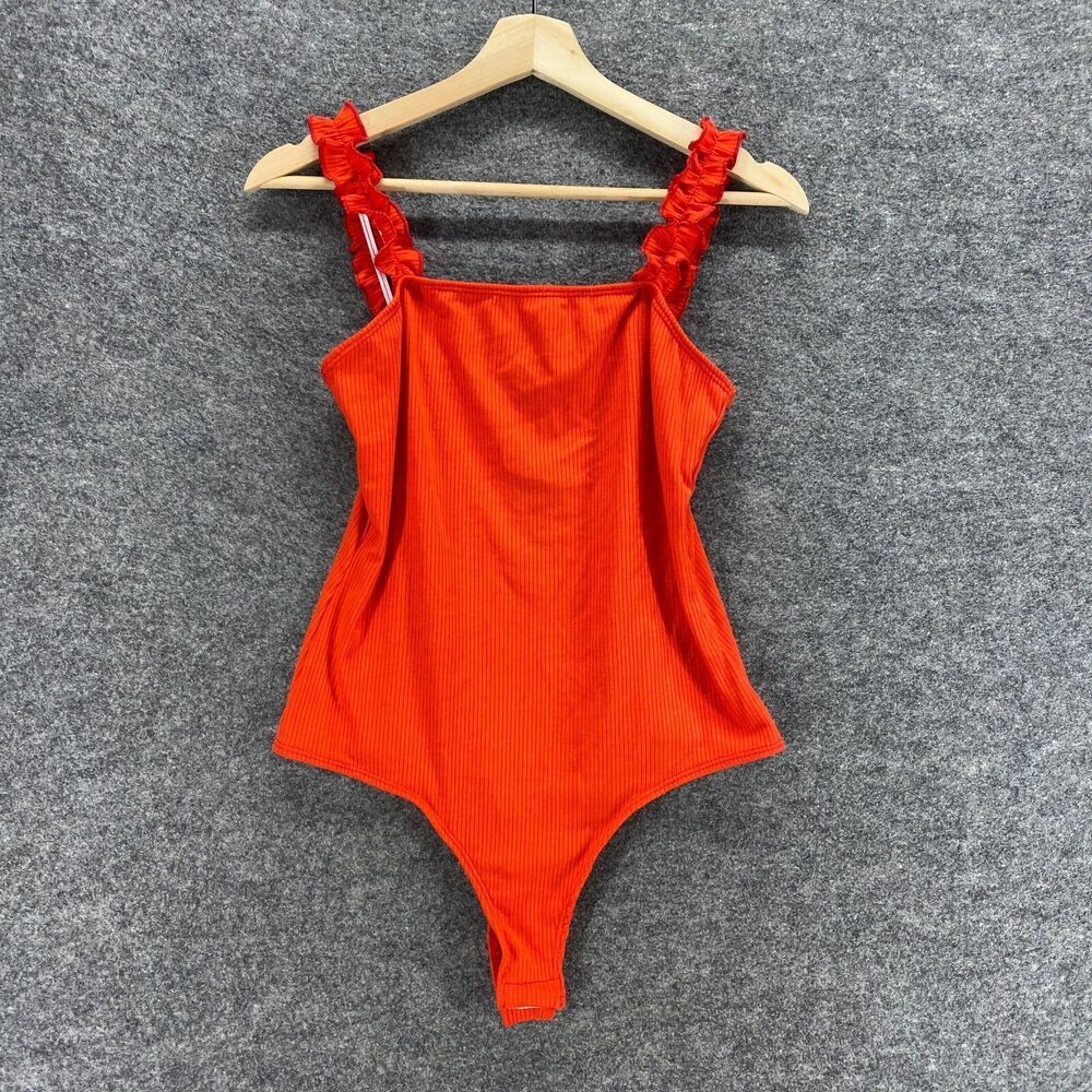 New Saints Bodysuit Women L Large Orange Knit Ruffle Strap Snap Closure